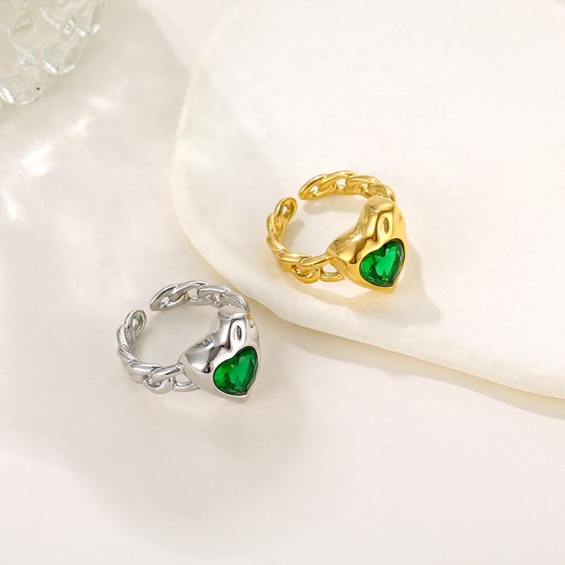18K Gold Plated Stainless Steel Open Cuban Chain Heart Shaped Zircon Stone Gold Finger Ring