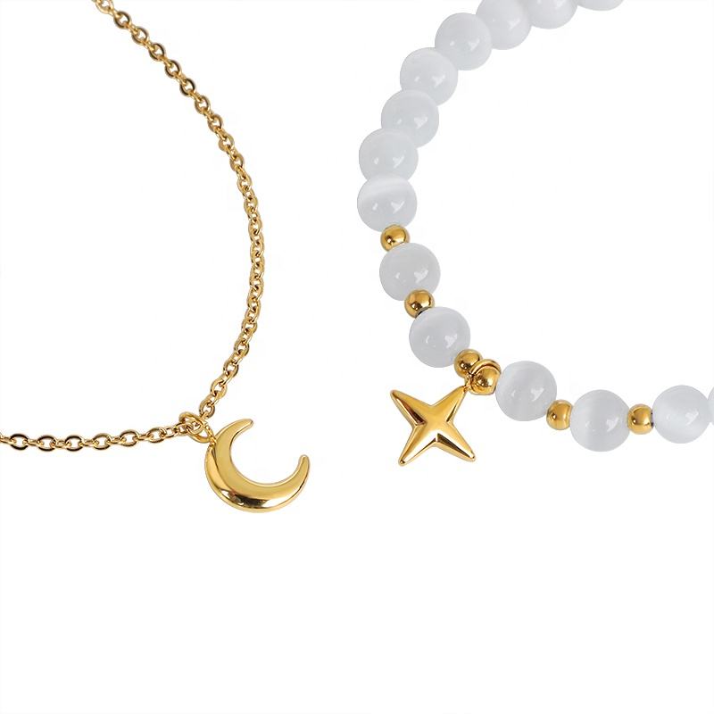 18K Gold Plated Stainless Steel Opal Stone Bead Charm Bracelet