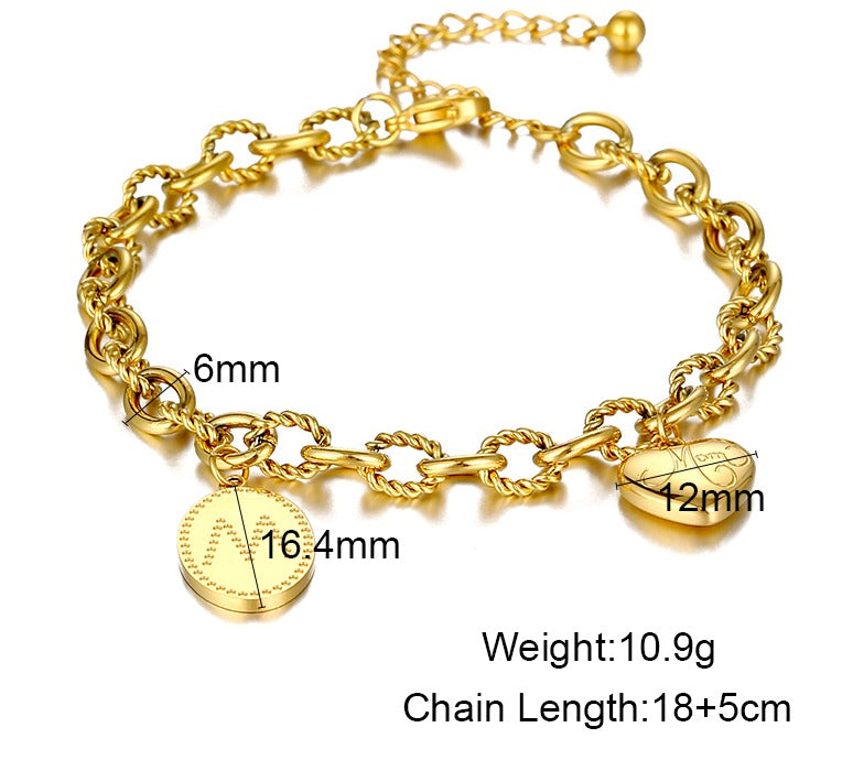 18K PVD Gold Plated Stainless Steel Custom Letter Heart Bracelet