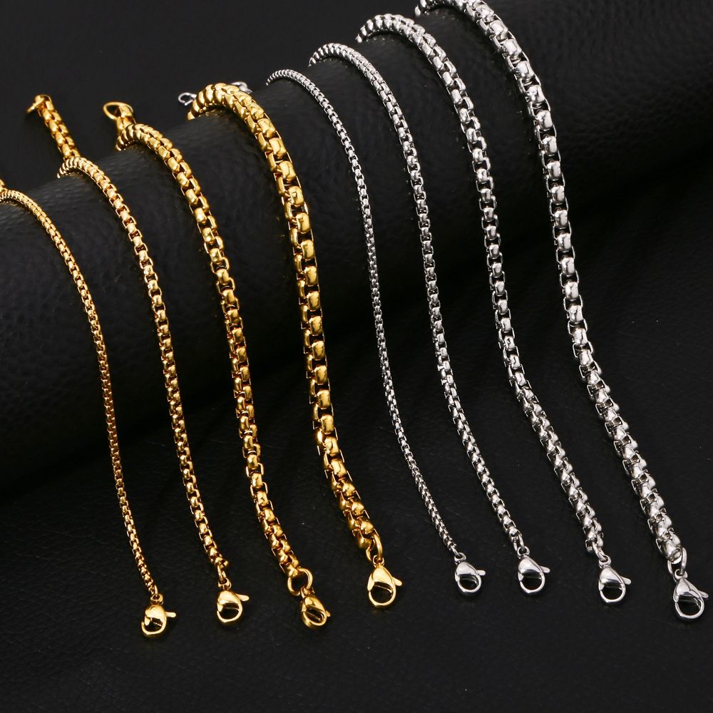 Men Round Box Chain 18K Gold Plated Stainless Steel Link Chain Square Pearl Chain