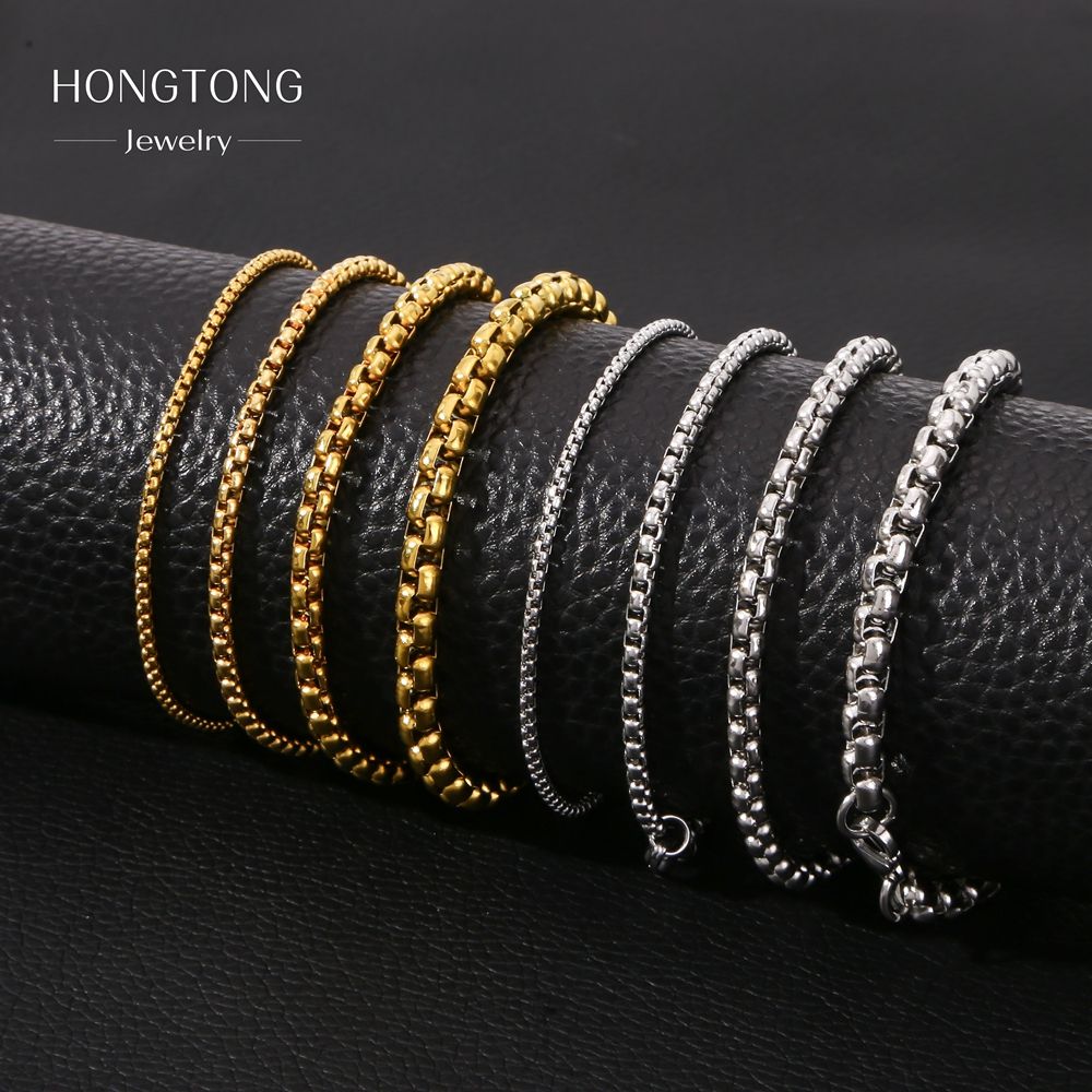 Men Round Box Chain 18K Gold Plated Stainless Steel Link Chain Square Pearl Chain