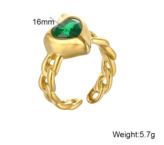 18K Gold Plated Stainless Steel Open Cuban Chain Heart Shaped Zircon Stone Gold Finger Ring