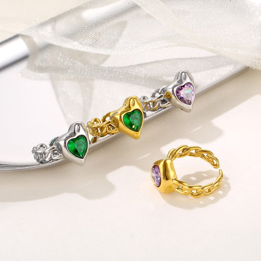 18K Gold Plated Stainless Steel Open Cuban Chain Heart Shaped Zircon Stone Gold Finger Ring